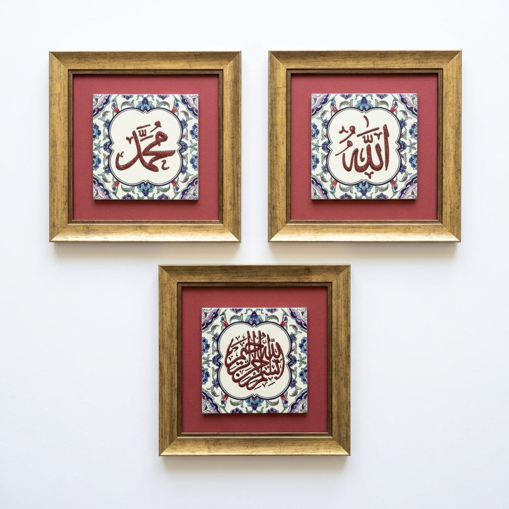 Bismillah, Allah &amp; Muhammad Written 3-Piece Ceramic Tile Wall Art Set (Glow in the Dark) – WAC071