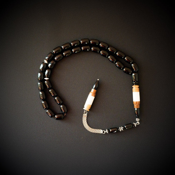 Black Amber Tasbeeh – Silver & Kuka Wood Imam Bead – WATE042
