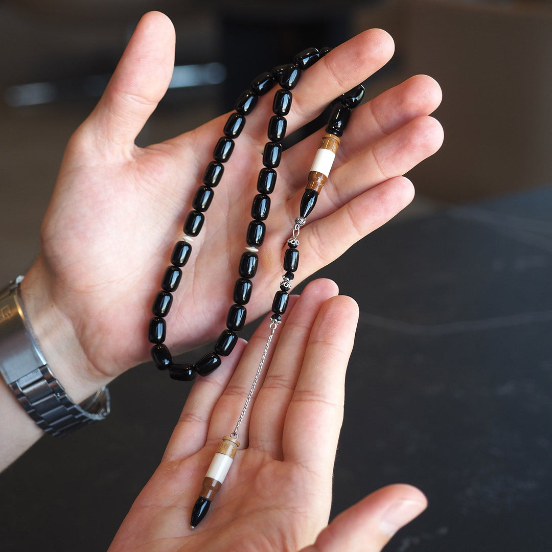 Black Amber Tasbeeh – Silver & Kuka Wood Imam Bead – WATE042
