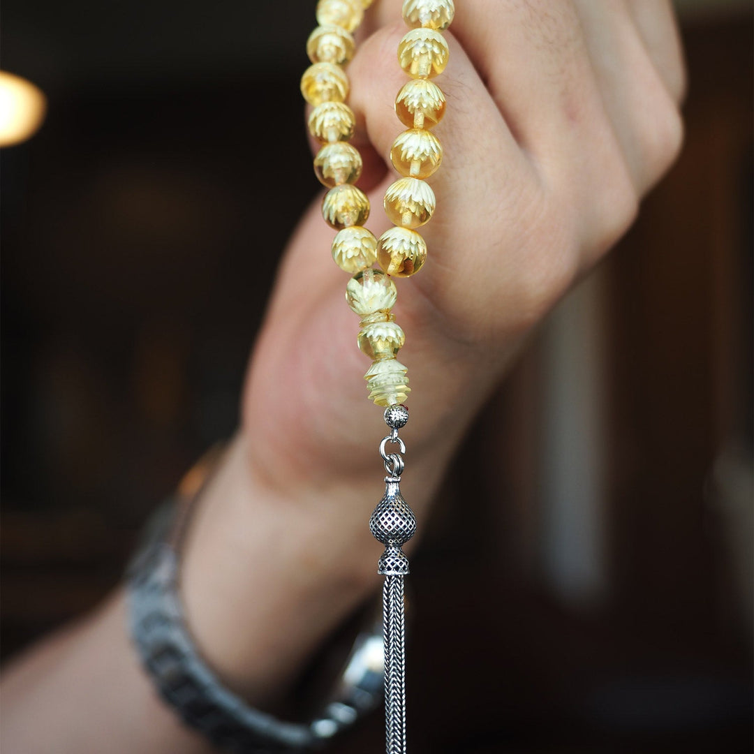 Raw Baltic Amber Tasbeeh Silver Imam Bead (Single Piece with Reverse Carving) – WATE055