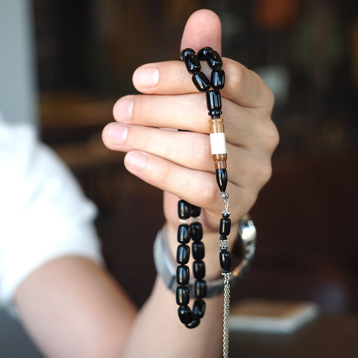 Black Amber Tasbeeh – Silver & Kuka Wood Imam Bead – WATE042