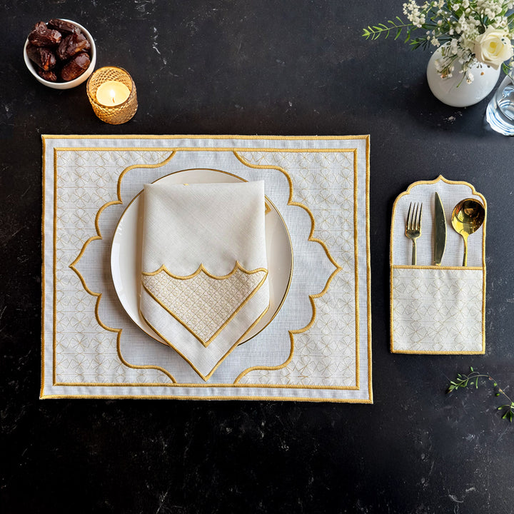 Set of 6 Ramadan Table Setting (18 Pieces Gold Embroidered Fabric) - WAS040