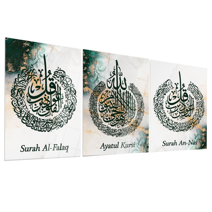 Set of 3 Ayatul Kursi, Surah An-Nâs and Al-Falaq Glass Islamic Wall Art - WTC008
