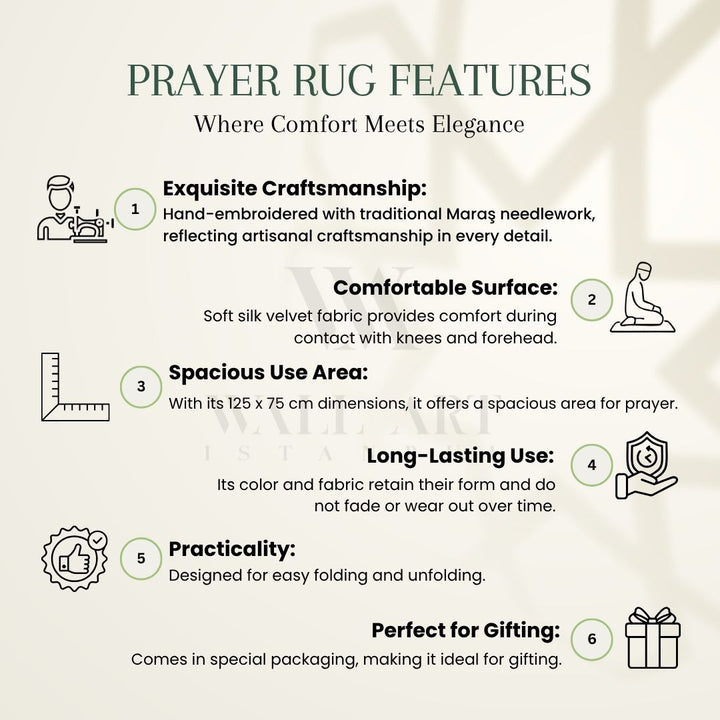 Cream Velvet Islamic Prayer Rug with Silver Embroidery – WAS018