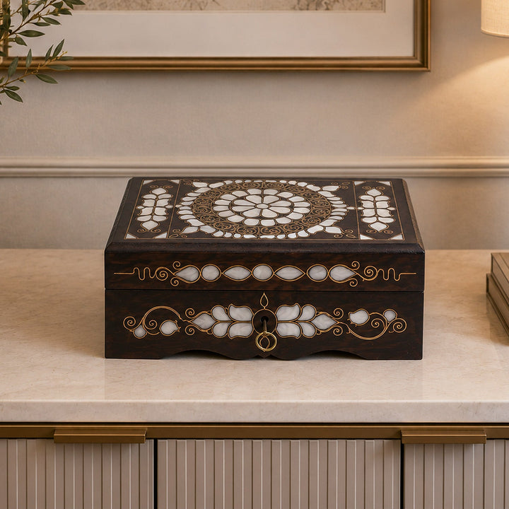 Floral Motif | Handcrafted Mother-of-Pearl &amp; Copper Wire Inlaid Wooden Box – WAAH050
