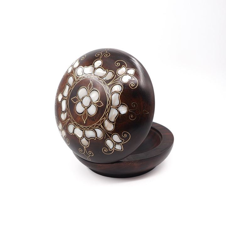 Floral Motif | Handcrafted Mother-of-Pearl &amp; Copper Wire Inlaid Round Wooden Box – WAAH051