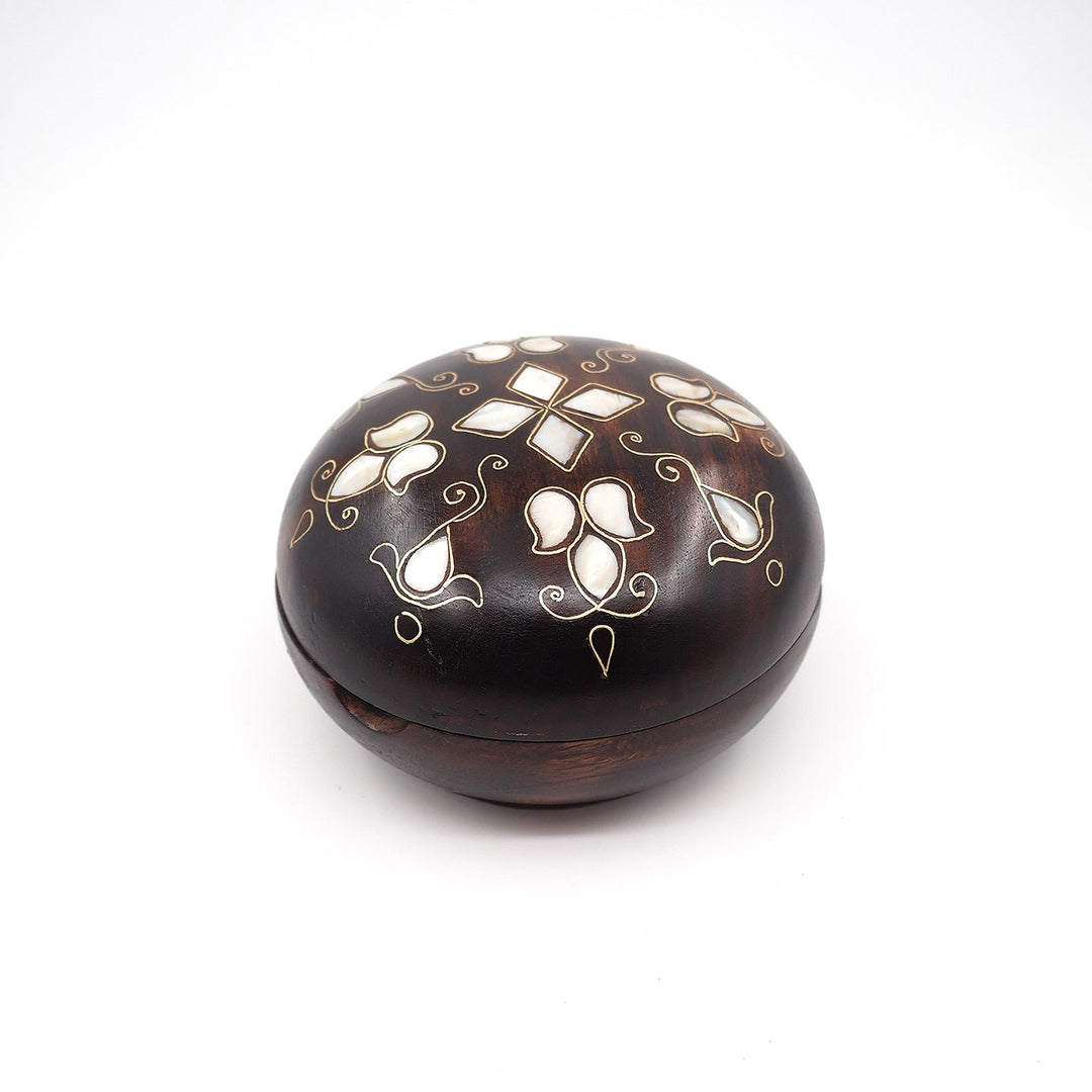 Floral Motif | Handcrafted Mother-of-Pearl &amp; Copper Wire Inlaid Round Wooden Box – WAAH052