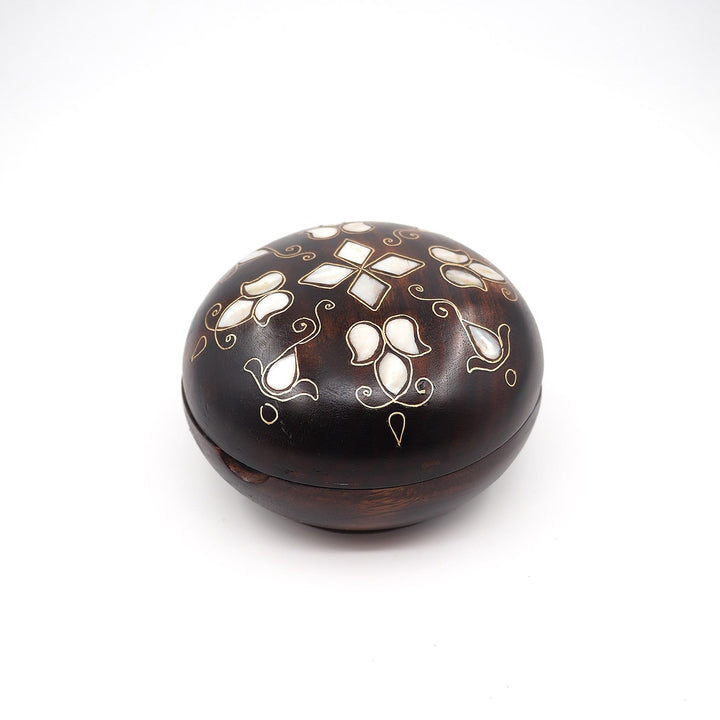 Floral Motif | Handcrafted Mother-of-Pearl &amp; Copper Wire Inlaid Round Wooden Box – WAAH052