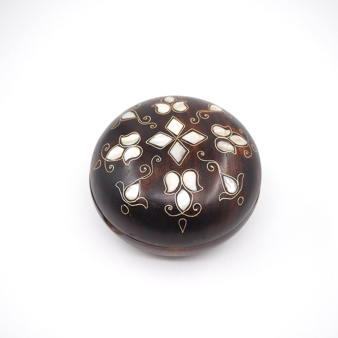 Floral Motif | Handcrafted Mother-of-Pearl &amp; Copper Wire Inlaid Round Wooden Box – WAAH052