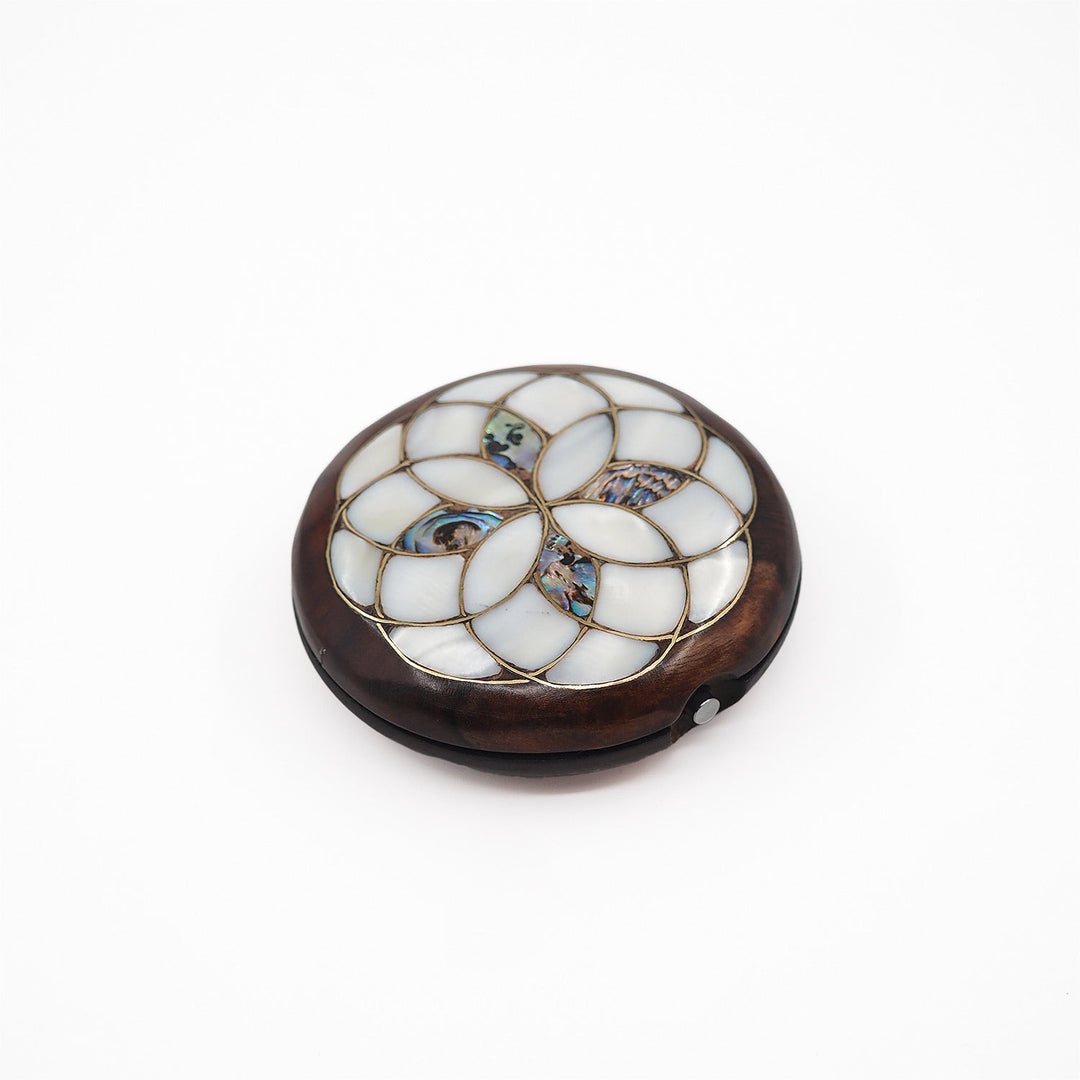 Floral Motif | Handcrafted Mother-of-Pearl &amp; Copper Wire Inlaid Wooden Pocket Mirror – WAAH053