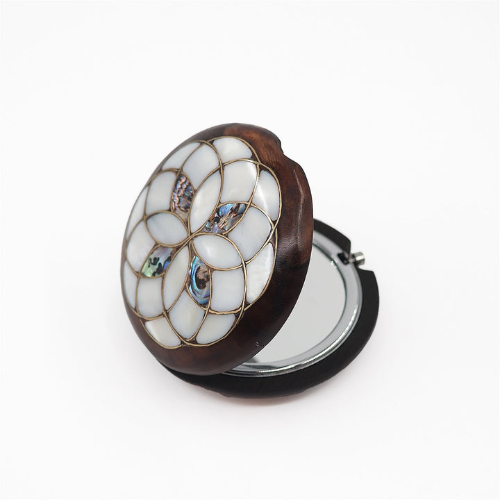 Floral Motif | Handcrafted Mother-of-Pearl &amp; Copper Wire Inlaid Wooden Pocket Mirror – WAAH053