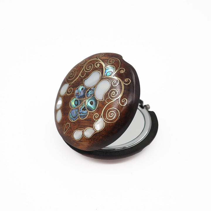 Floral Motif | Handcrafted Mother-of-Pearl &amp; Copper Wire Inlaid Wooden Pocket Mirror – WAAH054