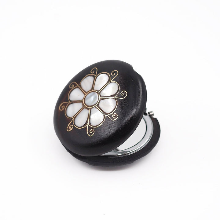 Floral Motif | Handcrafted Mother-of-Pearl &amp; Copper Wire Inlaid Wooden Pocket Mirror – WAAH055