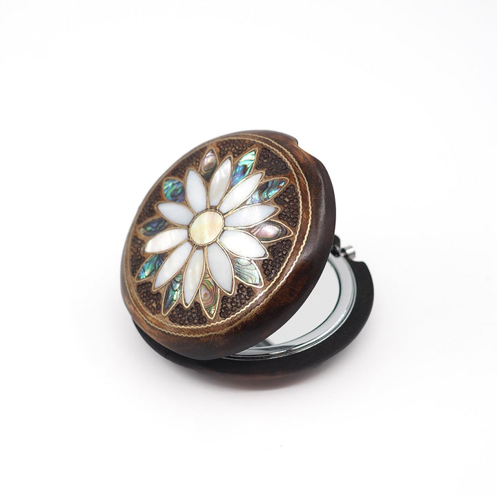 Floral Motif | Handcrafted Mother-of-Pearl &amp; Copper Wire Inlaid Wooden Pocket Mirror – WAAH056