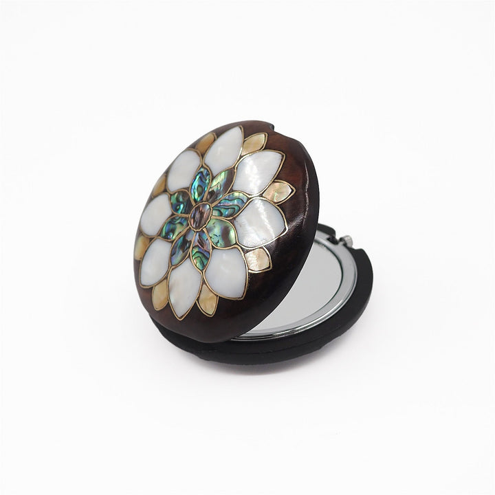 Floral Motif | Handcrafted Mother-of-Pearl &amp; Copper Wire Inlaid Wooden Pocket Mirror – WAAH057