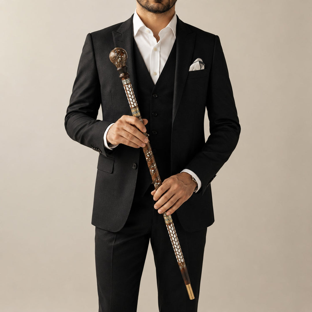 Handcrafted Walnut Wood Cane with Mother-of-Pearl and Brass Wire Inlay, Spherical Handle – WAAH105