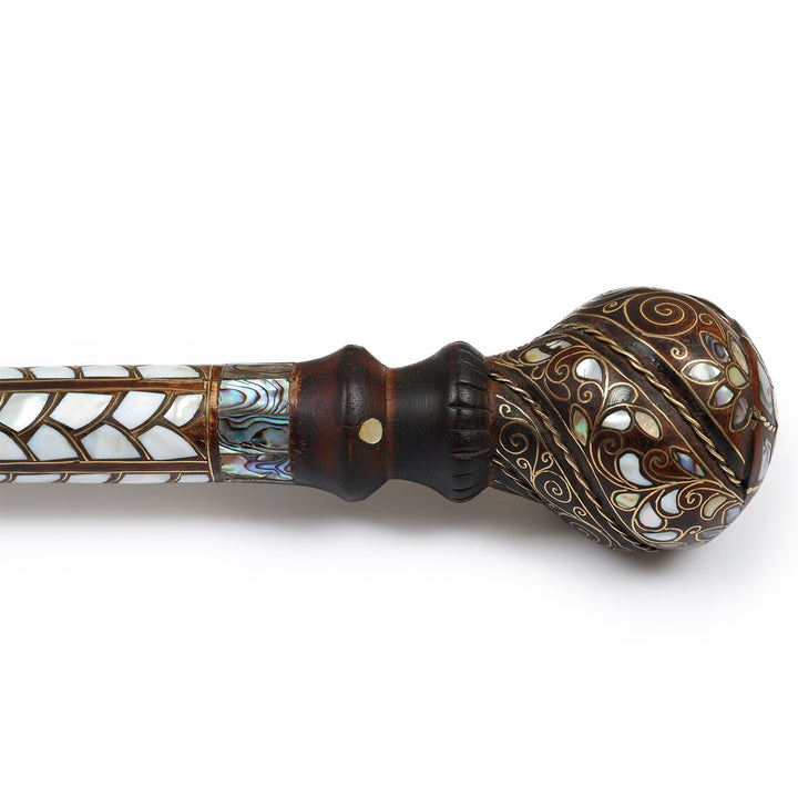 Handcrafted Walnut Wood Cane with Mother-of-Pearl and Brass Wire Inlay, Spherical Handle – WAAH105