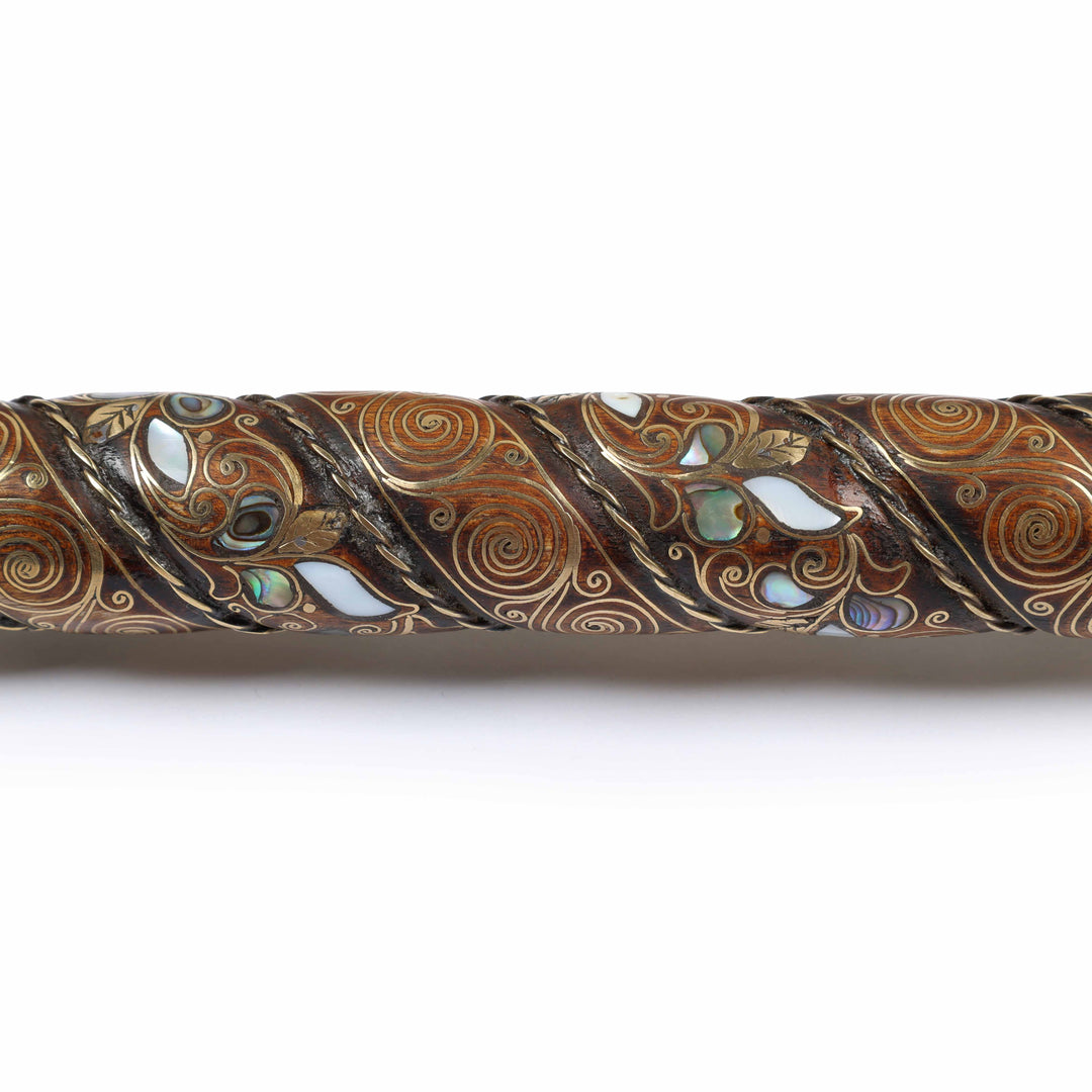 Handcrafted Walnut Wood Cane with Mother-of-Pearl and Brass Wire Inlay, Spherical Handle – WAAH105