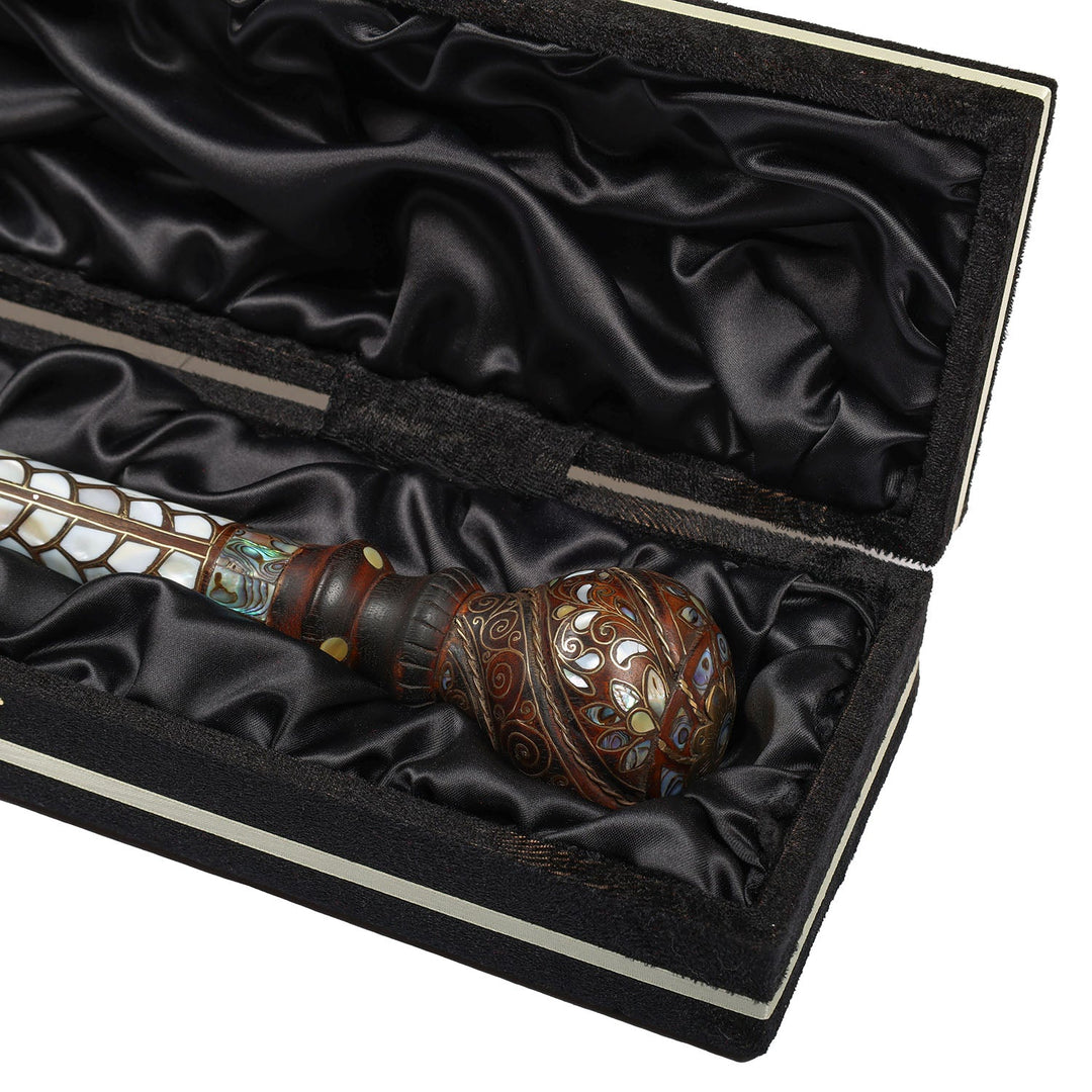 Handcrafted Walnut Wood Cane with Mother-of-Pearl and Brass Wire Inlay, Spherical Handle – WAAH105