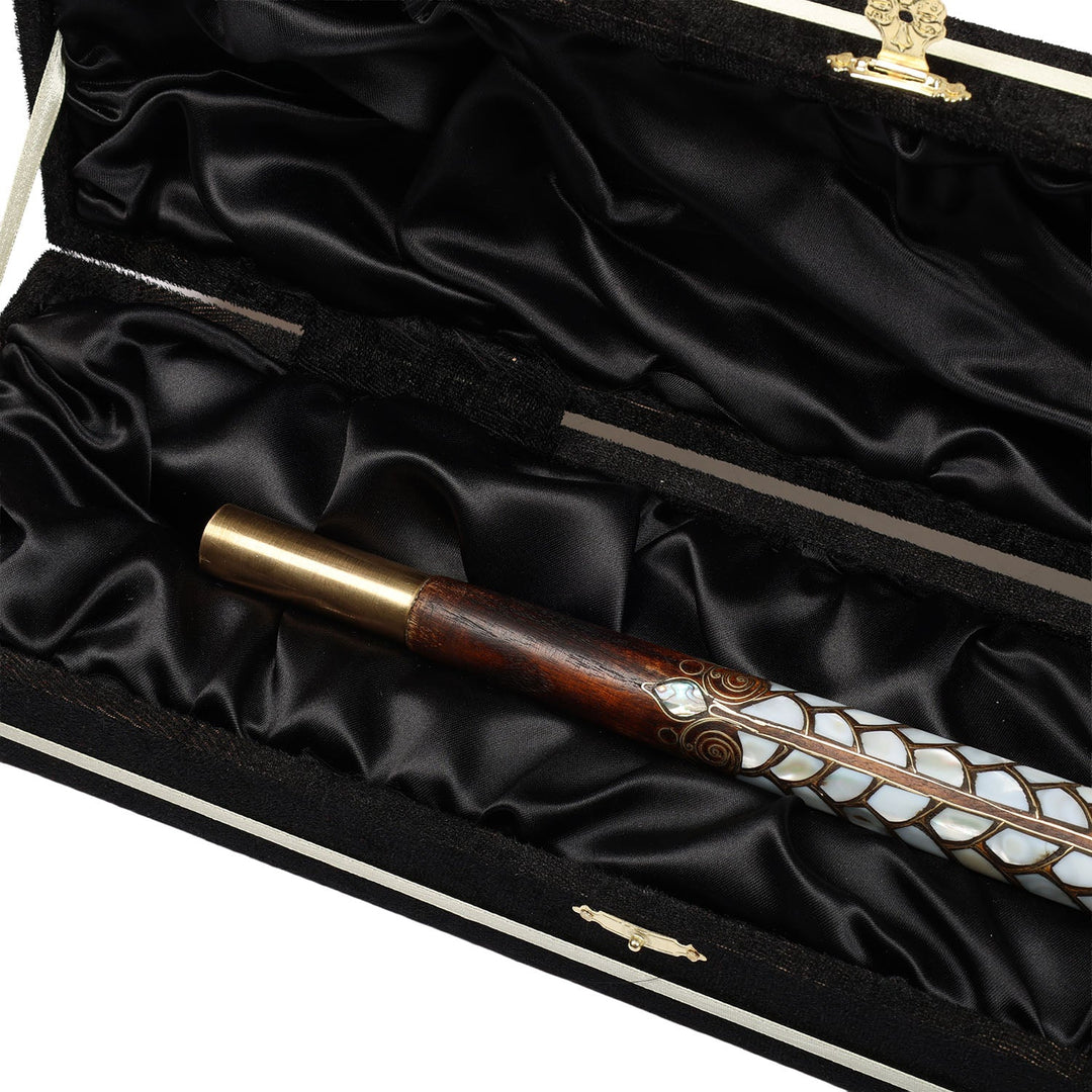 Handcrafted Walnut Wood Cane with Mother-of-Pearl and Brass Wire Inlay, Spherical Handle – WAAH105