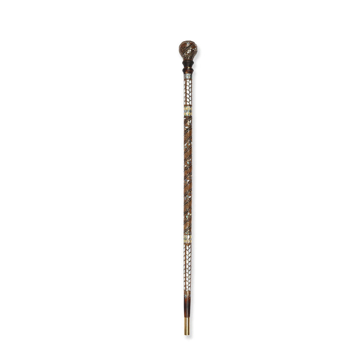 Handcrafted Walnut Wood Cane with Mother-of-Pearl and Brass Wire Inlay, Spherical Handle – WAAH105