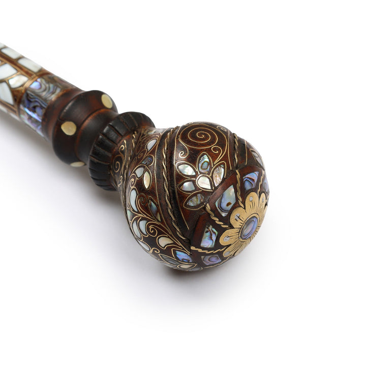 Handcrafted Walnut Wood Cane with Mother-of-Pearl and Brass Wire Inlay, Spherical Handle – WAAH105