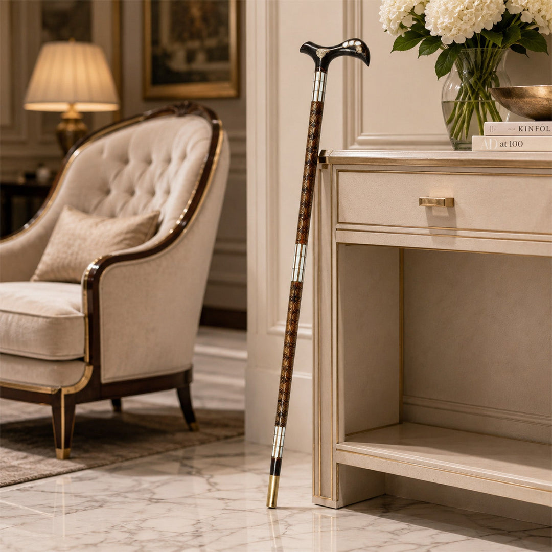 Handcrafted Wooden Walking Cane with Mother-of-Pearl and Copper Wire Inlay, Spherical Handle – WAAH107