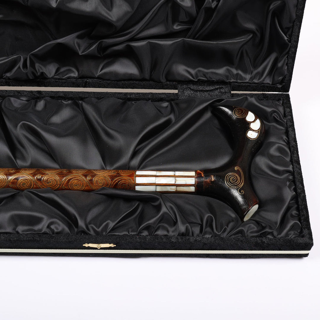 Handcrafted Wooden Walking Cane with Mother-of-Pearl and Copper Wire Inlay, Spherical Handle – WAAH107