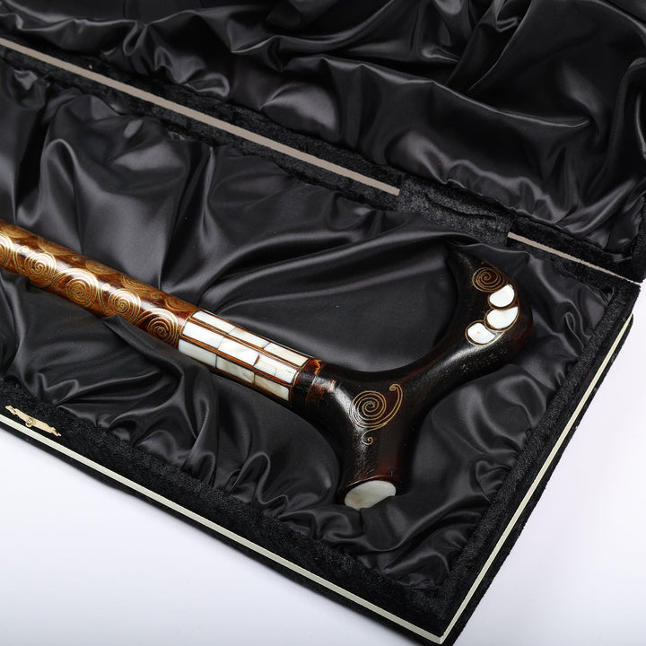 Handcrafted Wooden Walking Cane with Mother-of-Pearl and Copper Wire Inlay, Spherical Handle – WAAH107