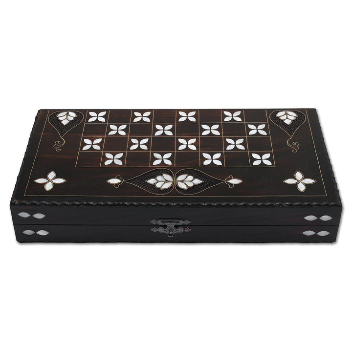 Handcrafted Wooden Backgammon Set with Mother-of-Pearl and Copper Wire Inlay – WAAH108
