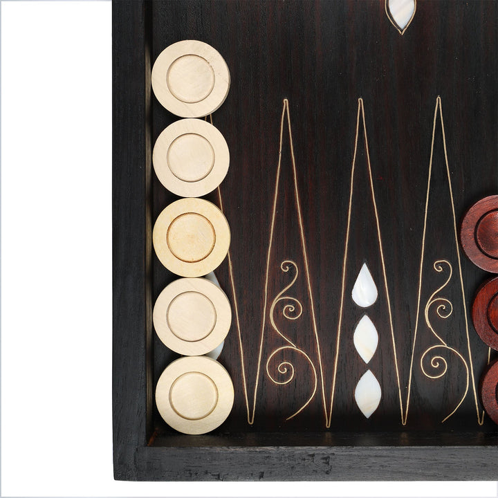 Handcrafted Wooden Backgammon Set with Mother-of-Pearl and Copper Wire Inlay – WAAH108