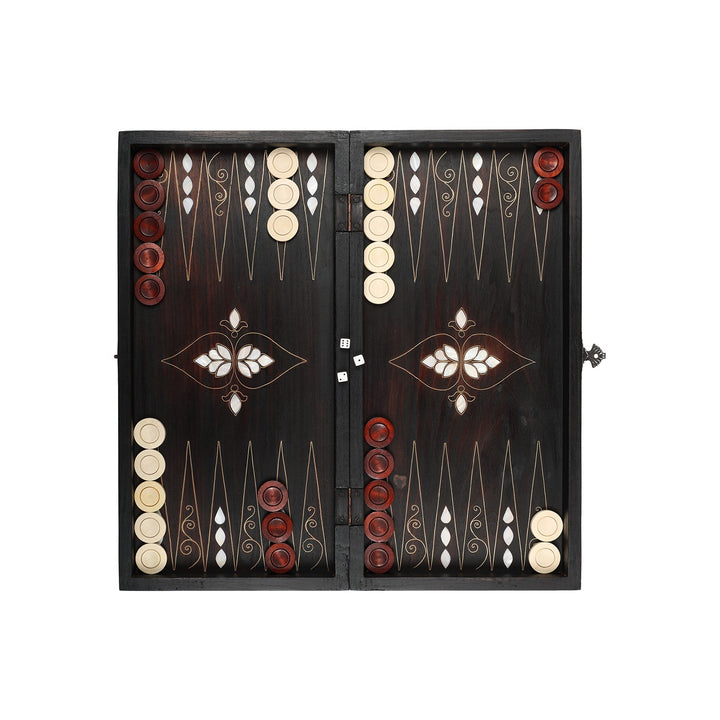 Handcrafted Wooden Backgammon Set with Mother-of-Pearl and Copper Wire Inlay – WAAH108