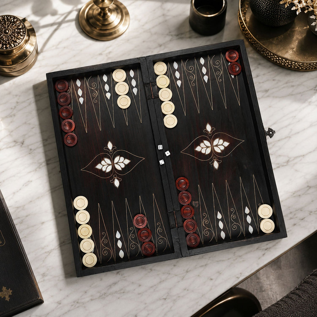 Handcrafted Wooden Backgammon Set with Mother-of-Pearl and Copper Wire Inlay – WAAH108