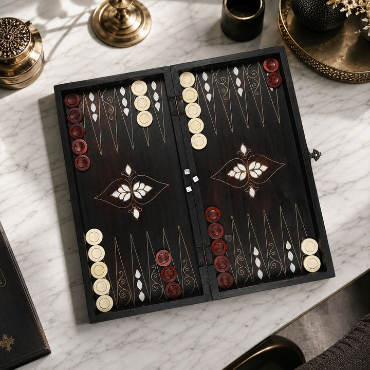 Handcrafted Wooden Backgammon Set with Mother-of-Pearl and Copper Wire Inlay – WAAH108