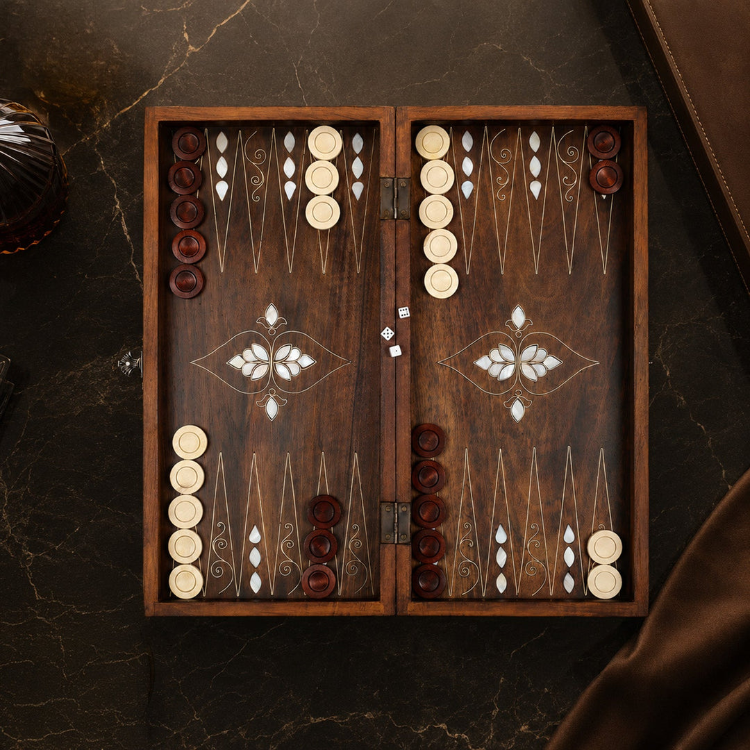 Handcrafted Wooden Backgammon Set with Mother-of-Pearl and Copper Wire Inlay – WAAH109