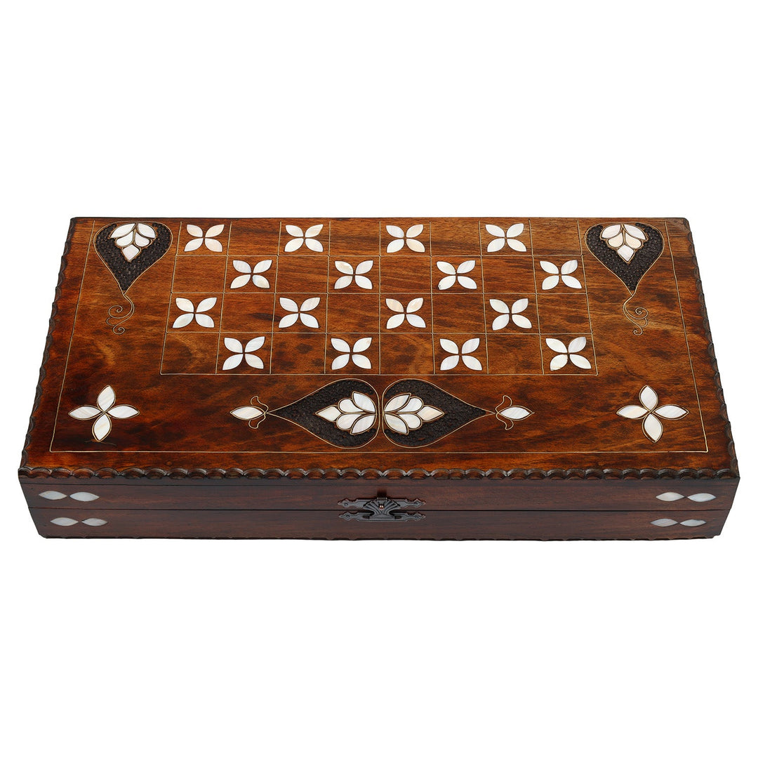 Handcrafted Wooden Backgammon Set with Mother-of-Pearl and Copper Wire Inlay – WAAH109