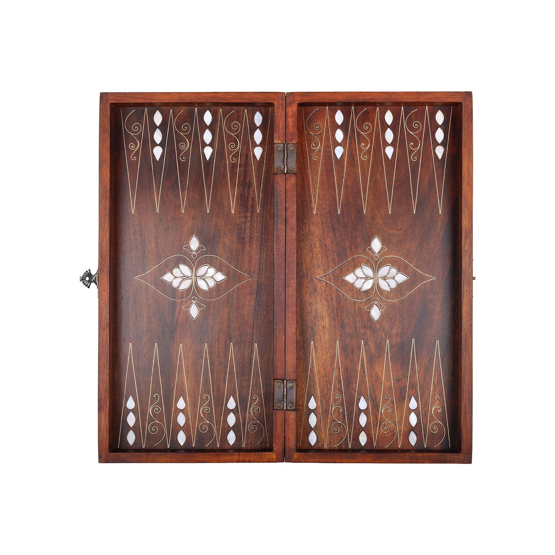 Handcrafted Wooden Backgammon Set with Mother-of-Pearl and Copper Wire Inlay – WAAH109