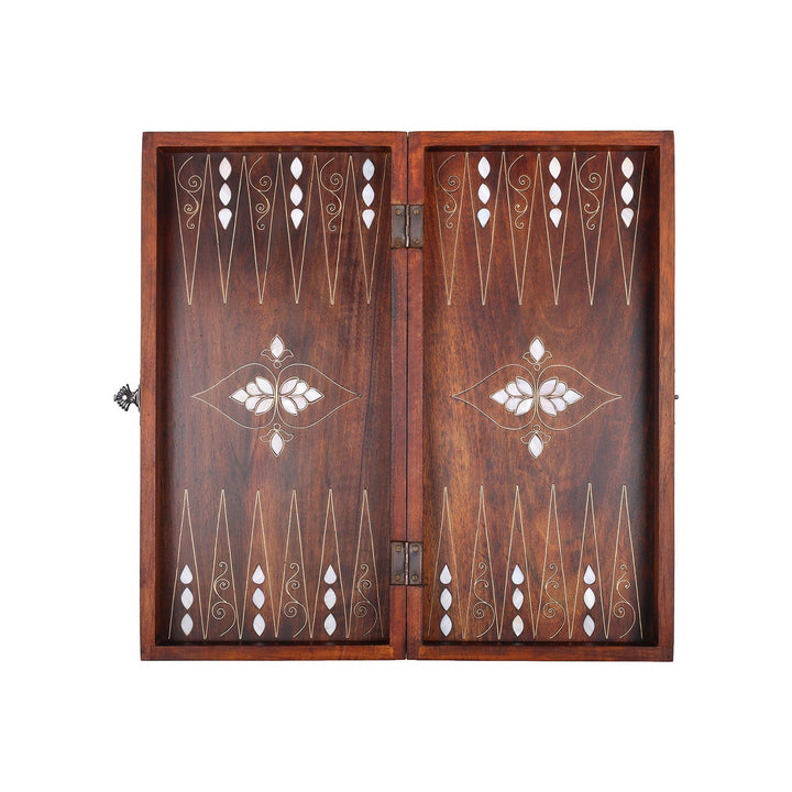 Handcrafted Wooden Backgammon Set with Mother-of-Pearl and Copper Wire Inlay – WAAH109