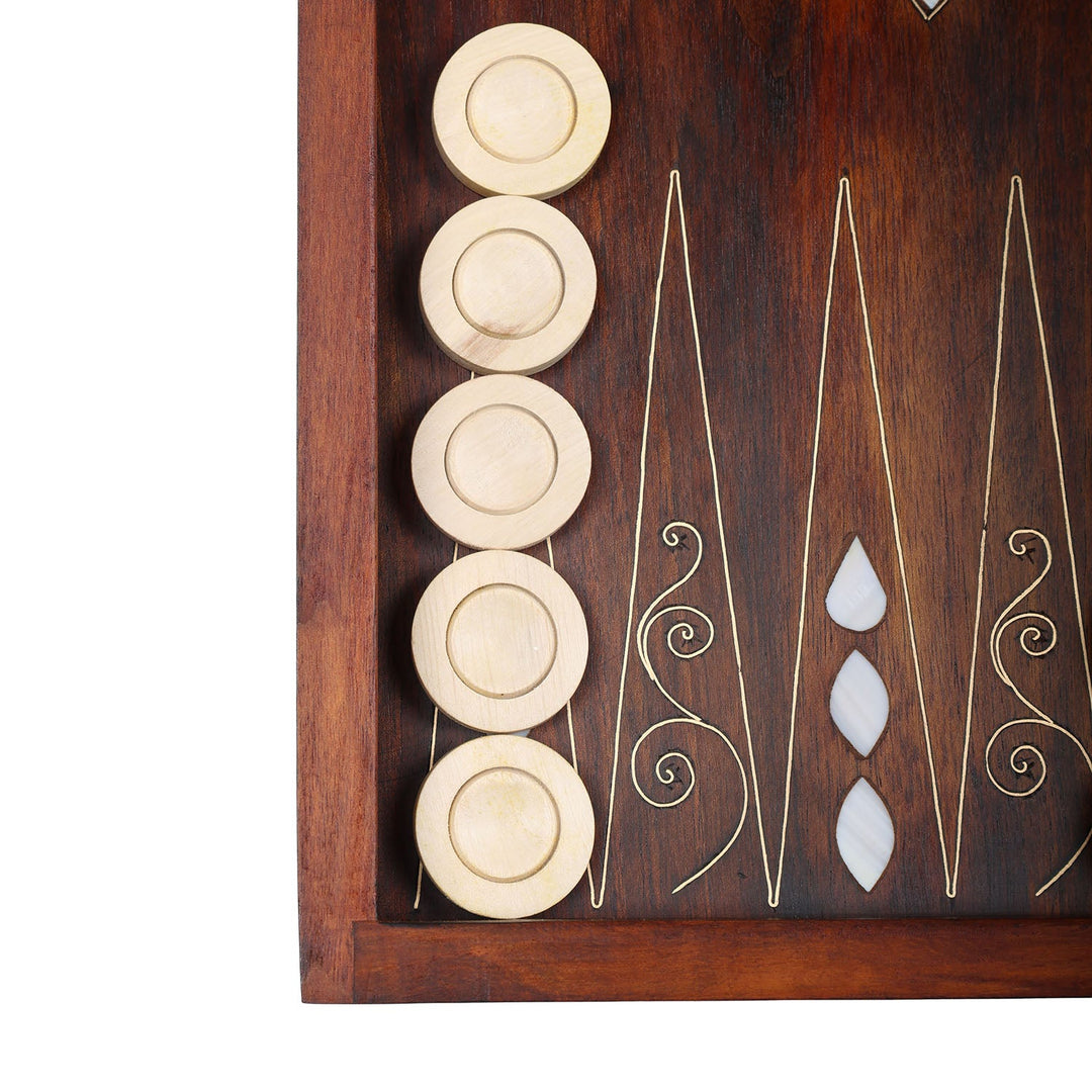 Handcrafted Wooden Backgammon Set with Mother-of-Pearl and Copper Wire Inlay – WAAH109