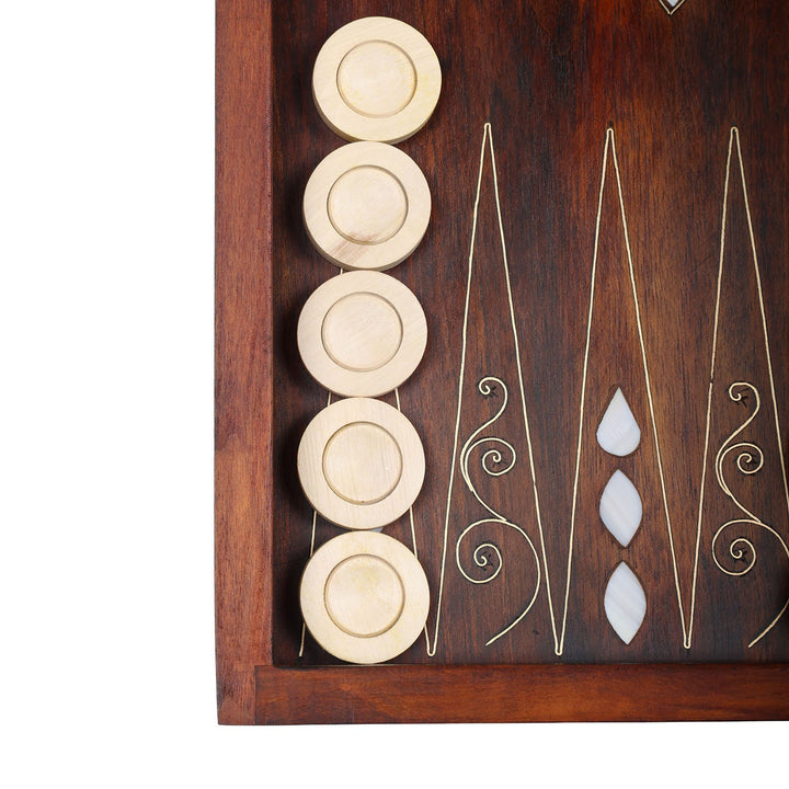 Handcrafted Wooden Backgammon Set with Mother-of-Pearl and Copper Wire Inlay – WAAH109