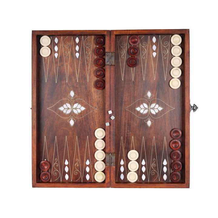 Handcrafted Wooden Backgammon Set with Mother-of-Pearl and Copper Wire Inlay – WAAH109