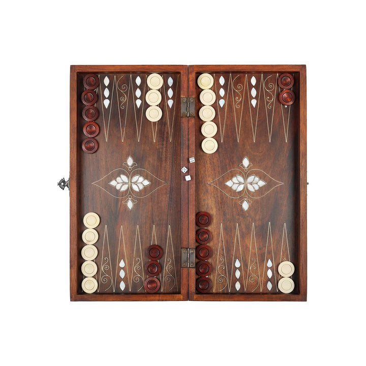 Handcrafted Wooden Backgammon Set with Mother-of-Pearl and Copper Wire Inlay – WAAH109