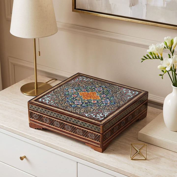 Traditional Motif | Handcrafted Hatem-Inlaid Square Wooden Box - WAAH110