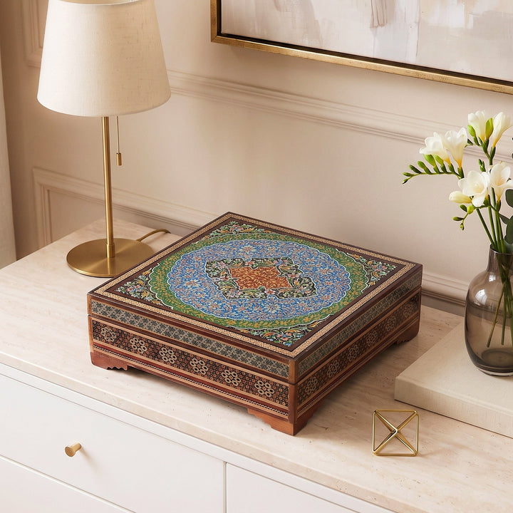 Traditional Motif | Handcrafted Hatem-Inlaid Square Wooden Box - WAAH111