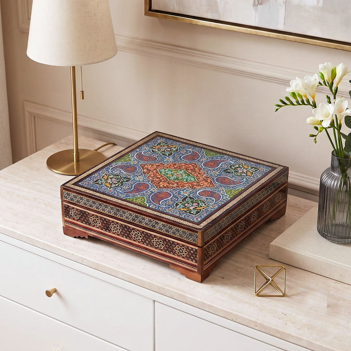 Traditional Motif | Handcrafted Hatem-Inlaid Square Wooden Box - WAAH112