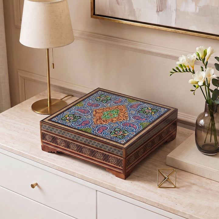 Traditional Motif | Handcrafted Hatem-Inlaid Square Wooden Box - WAAH113