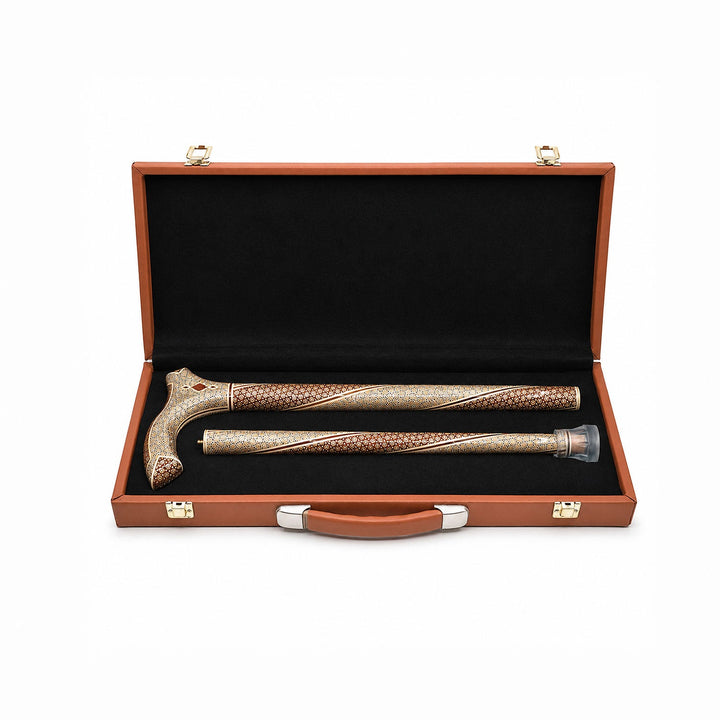 Handcrafted Hatem-Inlaid Wooden Walking Cane with Carrying Case - WAAH215