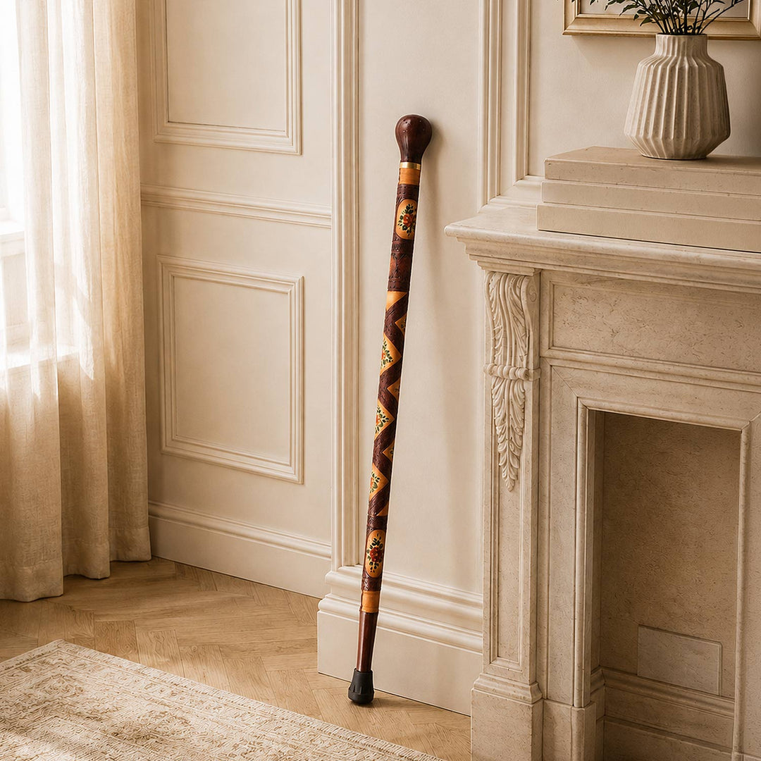Handcrafted Leather-Covered Wooden Walking Cane - WAAH329