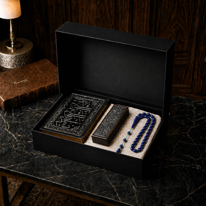Islamic Gift Set for Men (Prayer Rug, Quran, 33-Bead Tasbeeh and Tasbeeh Box) - WABOX003