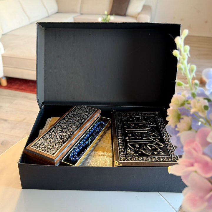 Islamic Gift Set for Men (Prayer Rug, Quran, 33-Bead Tasbeeh and Tasbeeh Box) - WABOX003